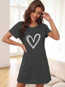 Miss Vinta Heart Print Casual Round Neck Short Sleeve Nightgown