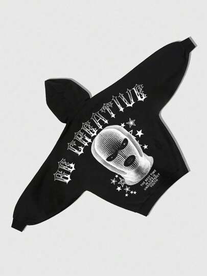 Sudadera con capucha y cremallera de manga larga para hombre con estampado de letras y figuras