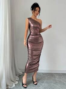 Elenzga Form-Fitting Asymmetrical Shoulder Ruched Shiny Dress Maxi Women Outfit - Coffee Brown - View 4