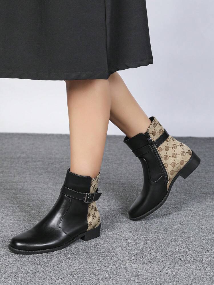CUCCOO BIZCHIC Fashionable Versatile Women's Ankle Boots, Black Short Boots With Chunky Heels, New Autumn & Winter Side Zipper Buckle Strap Booties With Round Toe & Comfort For Christmas And New Year Holiday
