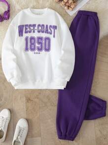 SHEIN Leap Crew Teen Girls Purple Tracksuit, Back To School, Casual Sports White And Purple Knitted Slogan Print Sweatshirt And Sweatpants Two-Piece Set - Purple - View 3