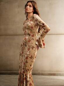 Anewsta Vestido largo de manga larga con estampado de rosa de terciopelo tipo sirena para mujeres, atuendo de mujer maxi