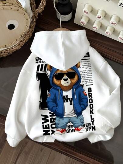 SHEIN Teen Boy Casual Cartoon Bear Print Loose Fit Pullover Hoodie Sweatshirt, Suitable For Autumn, Back Of Clothes