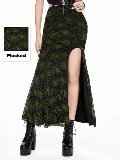 Goth Jupe fendue gothique pour femme avec motif de toile d'araignée floqué