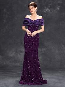 Vestido formal con volantes y lentejuelas off-shoulder, vestido elegante de estilo sirena para baile de graduación, boda, invitado, ceremonia de graduación, fiesta de cóctel - Morado - Ver 1