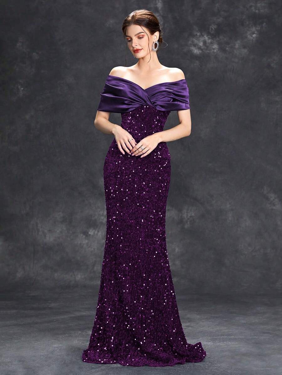 Vestido formal con volantes y lentejuelas off-shoulder, vestido elegante de estilo sirena para baile de graduación, boda, invitado, ceremonia de graduación, fiesta de cóctel - Morado - Ver 1