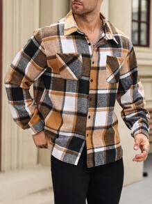 Manfinity Homme Plus Size Men's Plaid Pocket Single-Breasted Casual Going Out Shacket, For Friends, Husband, Boyfriend Gifts, For Fall