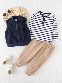 Cozy Pixies 3 件装男婴纯色背心、条纹拼色圆领长袖上衣和裤子套装 - 彩色 - 查看 25