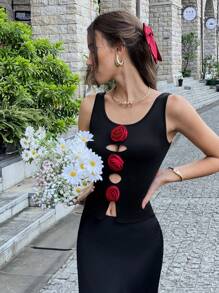 Chiquease 女士花卉印花镂空无袖背心 - 黑色 - 查看 1