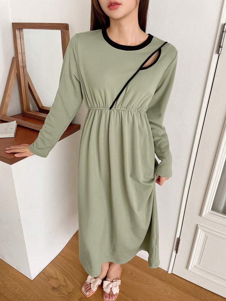Casual Contrast Trim Hollow Design Waist Cinching Winter Thermal Lined Lounge Dress Pajama
