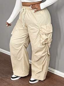 Slaydiva Pantalones cargo de talla grande con cintura alta, de uso casual, con bolsillo, color albaricoque