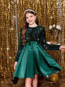 Tween Girl Shiny Contrast Sequin Satin Puff Dress, Green, For Christmas - Green - View 9
