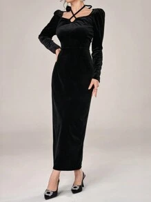 Modelyn Women's Solid Color Cross-Neck Long Sleeve Elegant Dress, Spring Autumn - Black - View 7