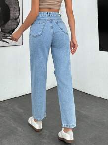 SHEIN Cottnline 100% Cotton Snow Washed Ripped Slant Pocket Mom Fit Jeans - Light Wash - View 2