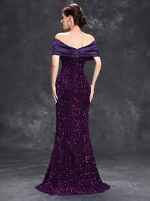 Vestido formal con volantes y lentejuelas off-shoulder, vestido elegante de estilo sirena para baile de graduación, boda, invitado, ceremonia de graduación, fiesta de cóctel - Morado - Ver 2
