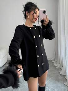 Chiquease Women's Elegant Fuzzy Cuff Double-Breasted Jacket For Autumn