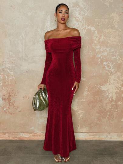 SHEIN BAE 女式露肩长袖纯色修身连衣裙，秋季