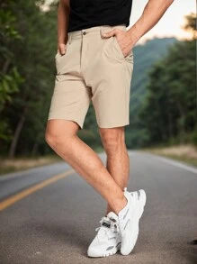 Manfinity Mode Men Zipper Fly Pocket Shorts Plain Casual Shorts, For Husband, Boyfriend Gifts - Khaki - View 4