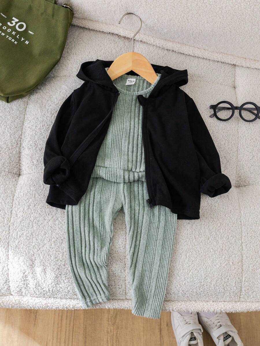 SHEIN 3pcs Set: Black Knitted Long Sleeve Hoodie, Green Ribbed Tank Top, And Ribbed Pants, For Outings - Baby Girl - Black - View 1