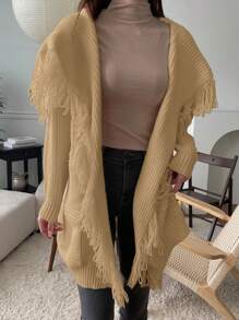 DAZY Women's Solid Color Long Cardigan With Fringed Oversized Collar,Fall Clothes - Khaki - View 3
