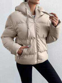 EURMUSE Solid Color Drawstring Hooded Padded Jacket - Khaki - View 5