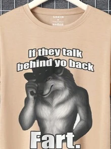 Manfinity Dauomo 男士休闲卡通及口号印花短袖 T 恤，夏季 - 杏色 - 查看 3