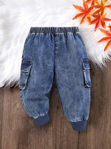 SHEIN Baby Boys' Stonewashed Cargo Pocket Ribbed Hem Loose Fit Blue Denim Jogger Pants,For Baby Boys Fall And Winter Clothes