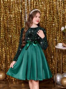 Tween Girl Shiny Contrast Sequin Satin Puff Dress, Green, For Christmas - Green - View 5