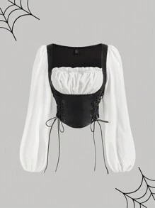 SHEIN MOD Blusa de manga farol con parches de PU en blanco y negro, ropa de bruja, ropa de Halloween, ropa de vampiro, atuendos de aeropuerto para mujeres, disfraz de Catwoman