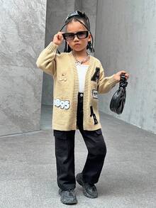 SHEIN Áo len cardigan dài tay dệt kim dáng rộng, thích hợp mặc ở nhà, thích hợp mặc khi đi du lịch hàng ngày, thích hợp mặc khi đi học - Màu Khaki - Xem 4
