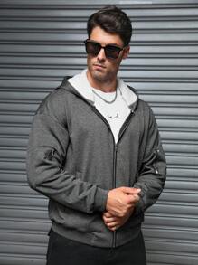 Manfinity Homme Men's Solid Color Zip-Up Hooded Casual Fleece Jacket, Fall/Winter - Black - View 3