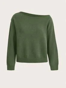 SHEIN BASICS 女士纯色不对称领休闲长袖套头毛衣 - 軍綠色 - 查看 4