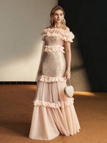 MOTF Soiréza MESH AND SEQUINS OFF SHOULDER RUFFLE TRIM MAXI COCKTAIL DRESS - Apricot - View 1