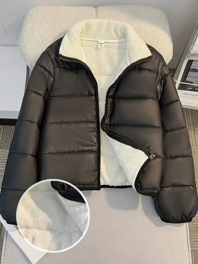 SHEIN Leap Crew 青少年女孩厚绗缝黑色加垫三合一夹克，带保暖内衬，可拆卸连帽，适合冬季穿着