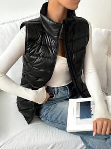 SHEIN EZwear Women's Solid Color Stand Collar Zip-Up Casual Down&Feathers Vest Jacket, Winter