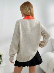 EURMUSE Women  V-Neck  Orange Sleeve And Hem Detailed Crochet Casual Cool Sweater For Daily Wear - Camel - View 2