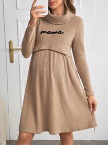SHEIN Maternity Nursing Embroidered Letter Graphic Turtleneck Long Sleeve Dress, Fall, For Winter