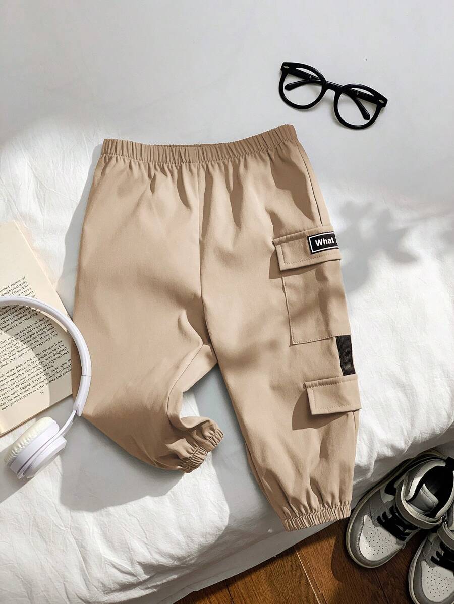 SHEIN 男婴卡其色多口袋字母印花休闲工装裤，适合春季、秋季、冬季 - 街头装、休闲装、运动装 - 卡其色 - 查看 1
