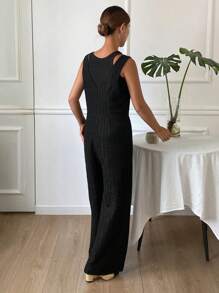 DAZY 女士纯色休闲V领无袖连体裤 女士秋季服装连身裤 - 黑色 - 查看 2