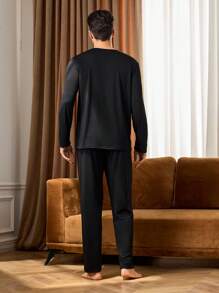 2pcs Men's Solid Color Crew Neck Long Sleeve Top And Pants Casual Pajamas Set, Fall Winter Clothes - Black - View 2