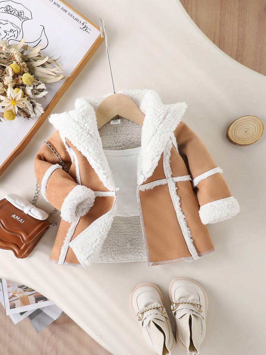 SHEIN 女婴复古优雅蓬松外套，秋冬 - 棕色 - 查看 1