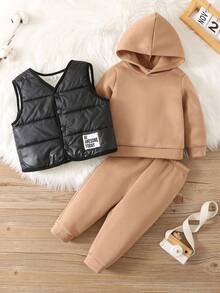 SHEIN Conjunto de 3 piezas para bebé niño: Chaqueta con capucha y chaleco abrigado, y pantalones. Ropa adecuada para otoño, invierno, actividades al aire libre/esquí - Multicolor - Ver 2