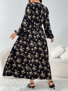 Seusyu Floral Print Lantern Sleeve Cinched Waist Waist Dress