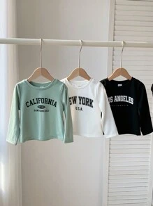 SHEIN Leap Crew Bộ 3 áo thun tay dài cổ tròn in chữ dáng rộng thoải mái cho bé trai, thích hợp mặc ngoài trời và trong nhà vào mùa thu đông - Nhiều màu - Xem 4