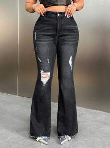 SHEIN ICON Jeans acampanados de cintura alta con agujeros desgastados, estilo Y2K de talla grande para mujer