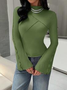 SHEIN Essnce Women's Casual Fashion Street Shooting 90s All-Match Flare Sleeve Slim Fit T-Shirt Lettuce Hem Long Sleeve T-Shirt, Spring & Autumn Fall Women Top - Army Green - View 4
