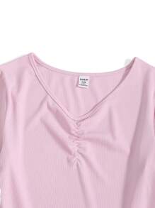 Teen Girl Casual Elastic Solid Color Umbrella Hem Long Sleeve Dress, Spring And Autumn - Pink - View 3