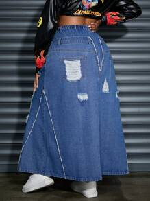 SHEIN EZwear Plus Size Women's Denim Mid-Length Skirt With Pockets And Ripped Hem - Blue - View 4