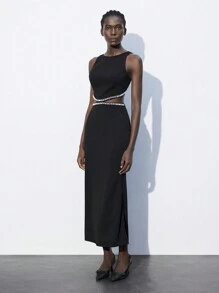 Maija 女士无袖优雅长裙，腰部饰有仿珍珠，侧面镂空，适合夏季、圣帕特里克节、复活节、春节、音乐节 - 黑色 - 查看 4