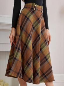 Vintamour Retro Elegant Daily A-Line Skirt, Checkered Orange-Brown Thanksgiving Women Outfit Fall Clothes Winter Women Skirt